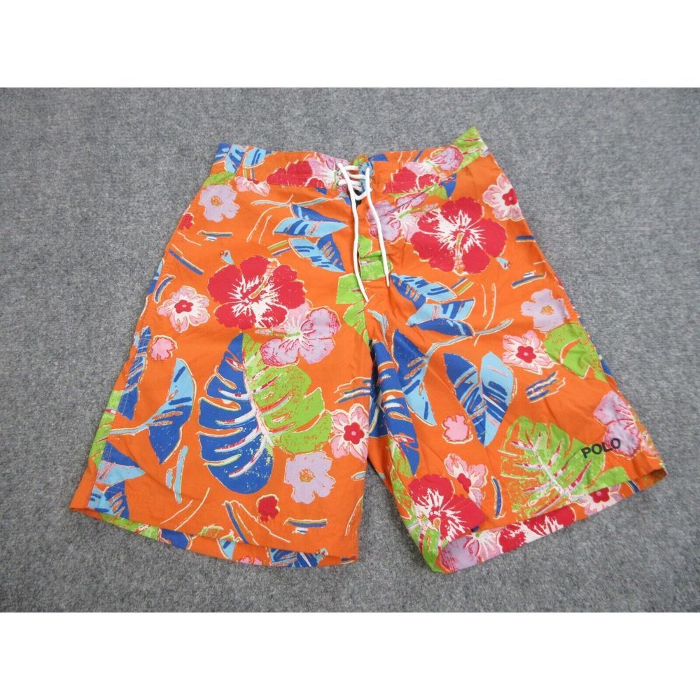 VINTAGE Polo Sport Swim Trunks Mens 32 Orange Floral Outdoors Board Shorts 32x21